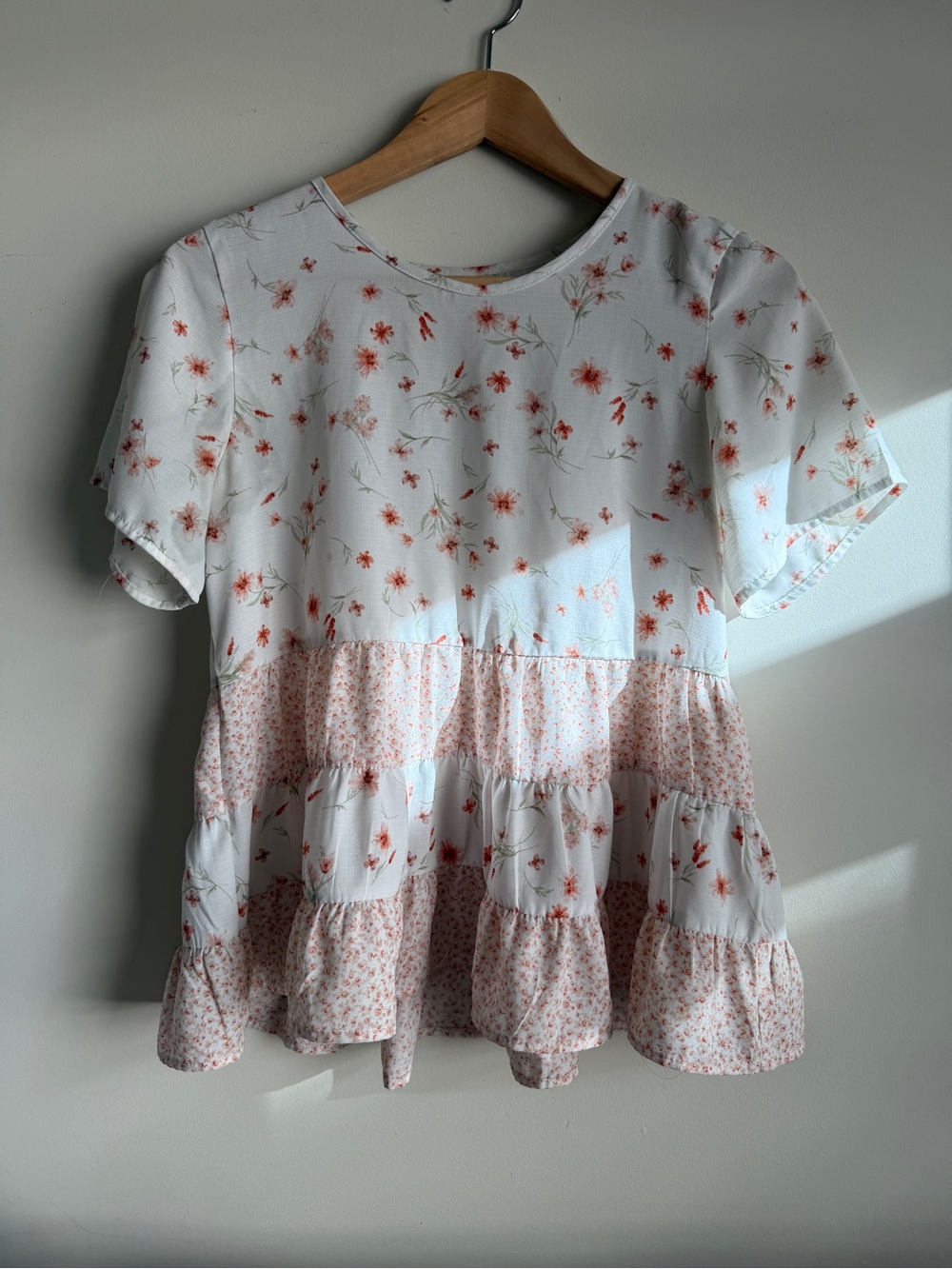Paper Crane White Dress with Peach Floral Tiered Skirt